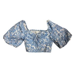 Jopaa Blue White Floral Smocked Square Neck Crop Top Puff Sleeve Tie Front Sz M